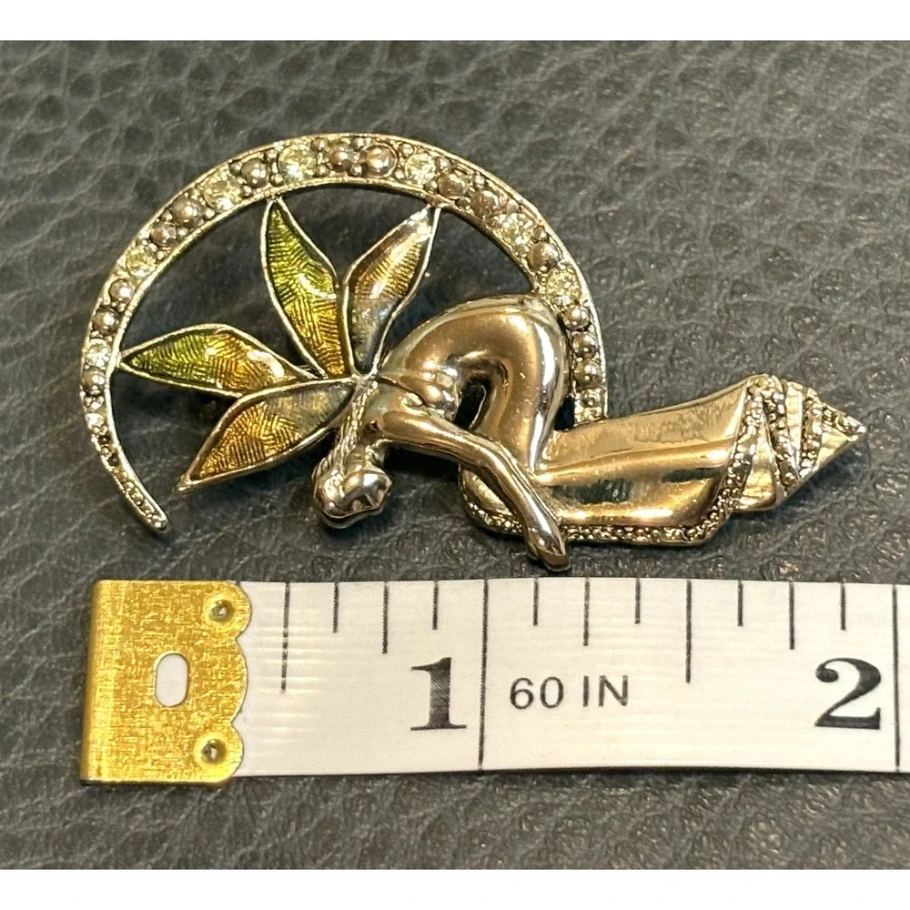 Vintage Brooch Pin Fairy on Crescent Moon Gold Tone Enamel Rhinestone Celestial